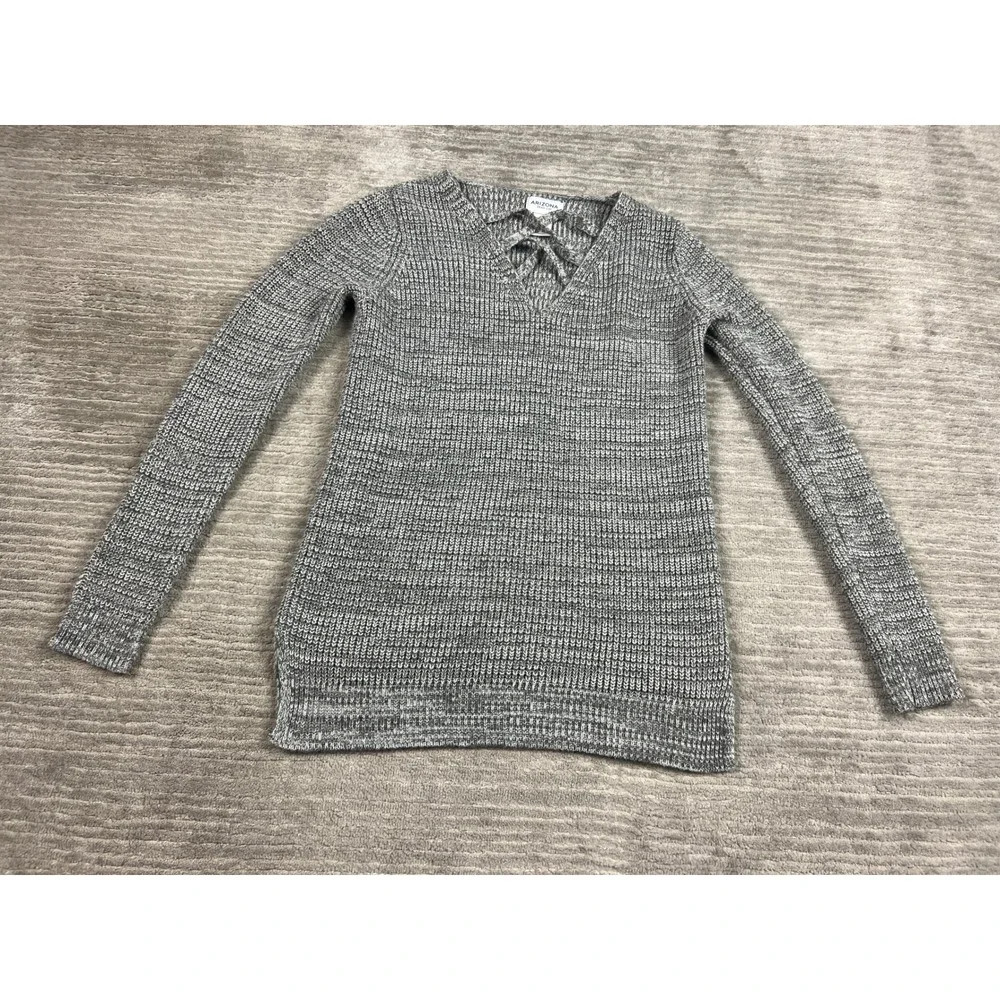 Arizona Jean Co Sweater Women Medium Grey V-Neck Lattice Strappy Chunky Knit Top